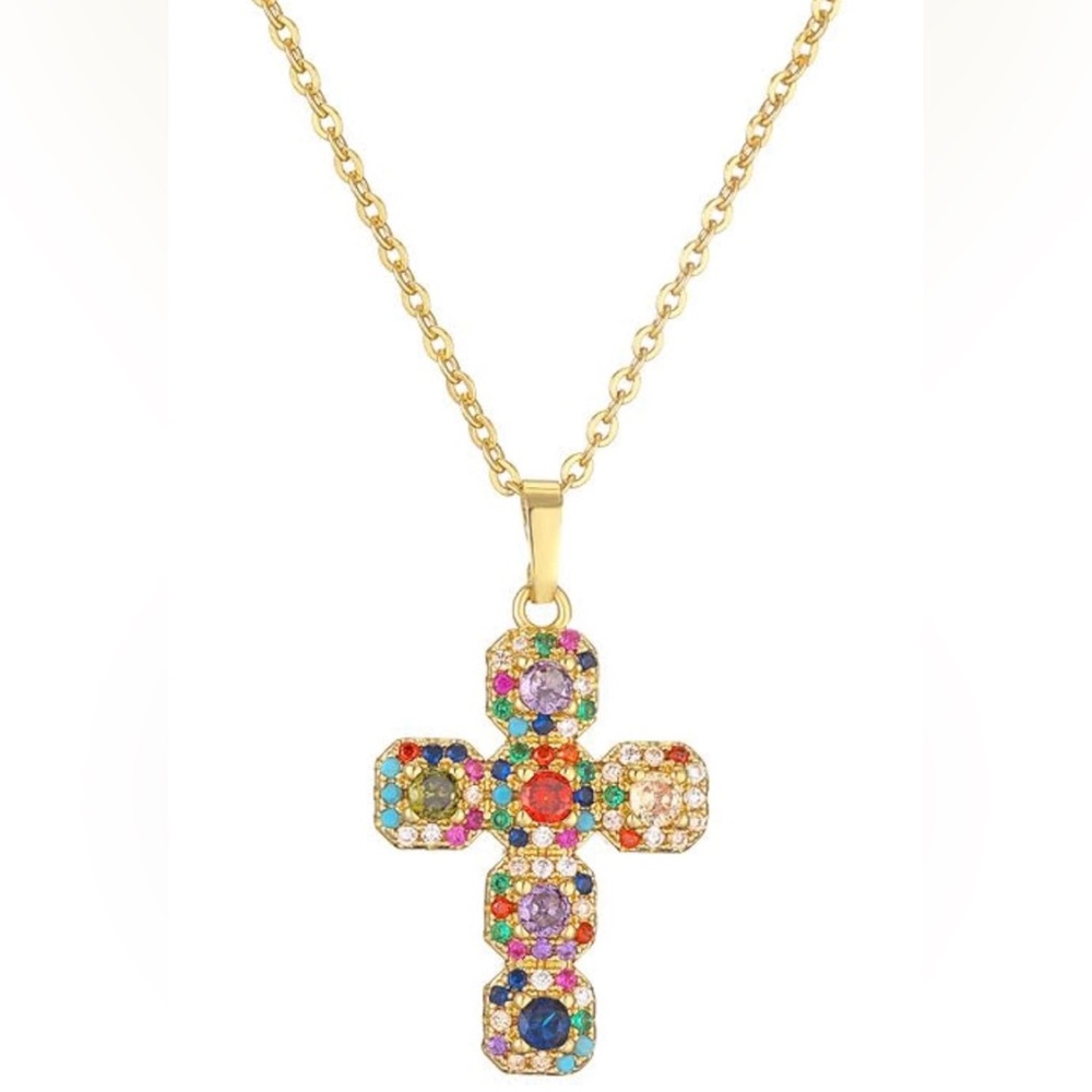 18K Gold Plated  Cubic Zirconia Multicolor Cross Pendant Necklace